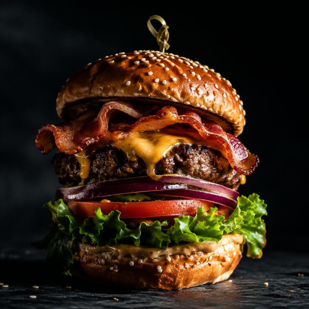 Hambúrguer artesanal alto com bacon, alface e tomate sob iluminação lateral dramática