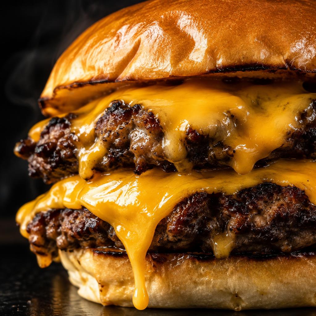 Smash burger duplo em macro, com cheddar derretido escorrendo sobre a crosta da carne