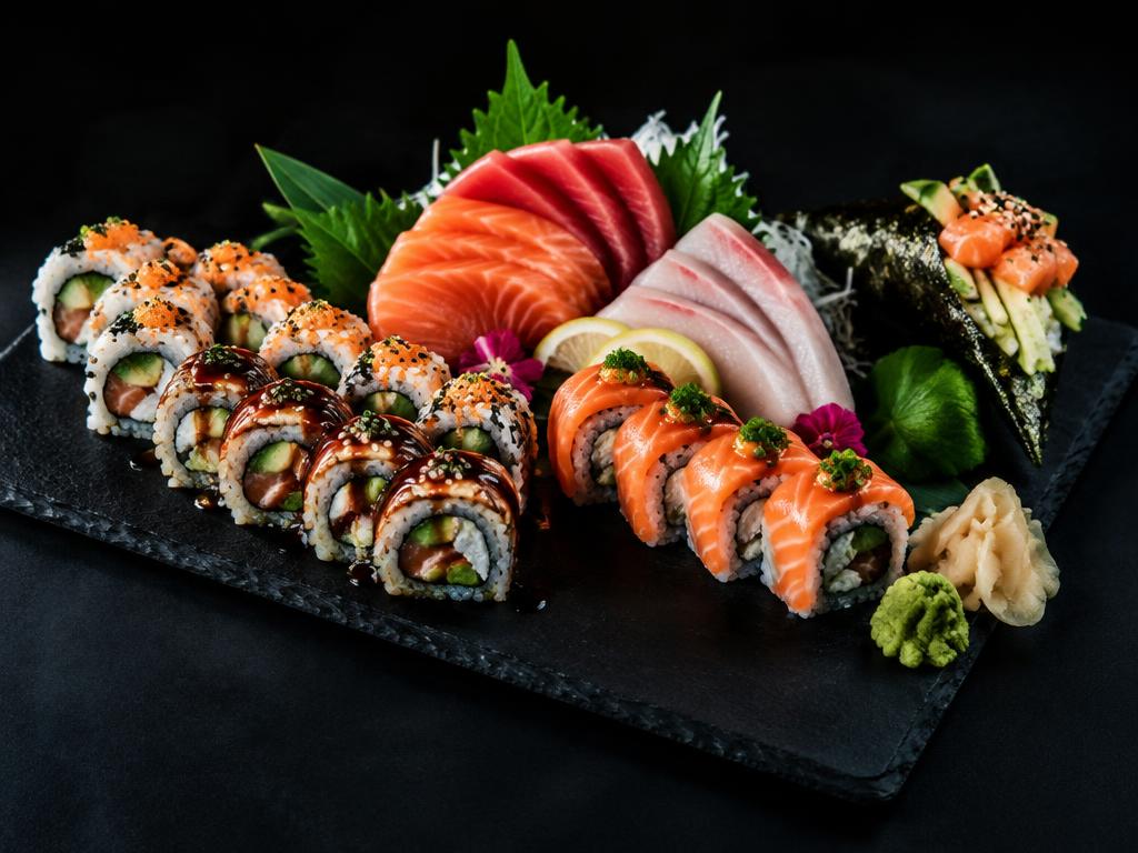 Combinado japonês com peças organizadas e cores vivas
